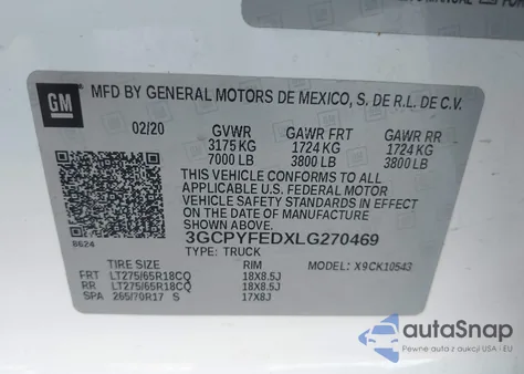 2020 Chevrolet Silverado 1500 4Wd Short Bed Lt Trail Boss z USA, uszkodzony, nr VIN 3GCPYFEDXLG270469